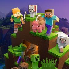 An illustration featuring Minecraft characters and creatures standing on a hill. The characters, Alex (left) and Steve (right), are wielding swords. Surrounding them are a wolf, a pig, and a sheep. Below them are hostile mobs, including a creeper, a zombie, and a skeleton. The background showcases a mountainous and forested landscape with a sunset or sunrise sky.